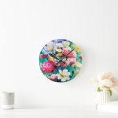 Colorful Flowers on Teal Background ラウンド壁時計 (ホーム)