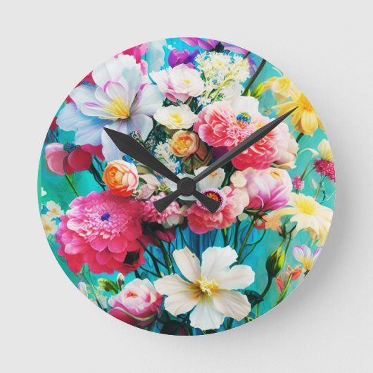 Colorful Flowers on Teal Background ラウンド壁時計 (正面)