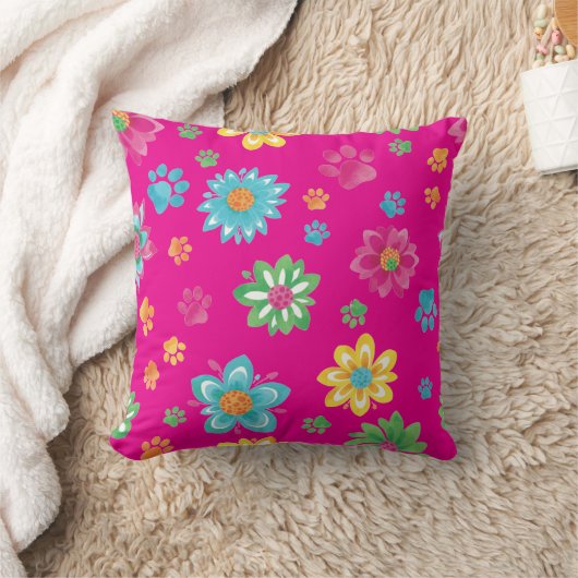 Colorful Flowers & Paw Prints Pillow クッション (ブランケット)