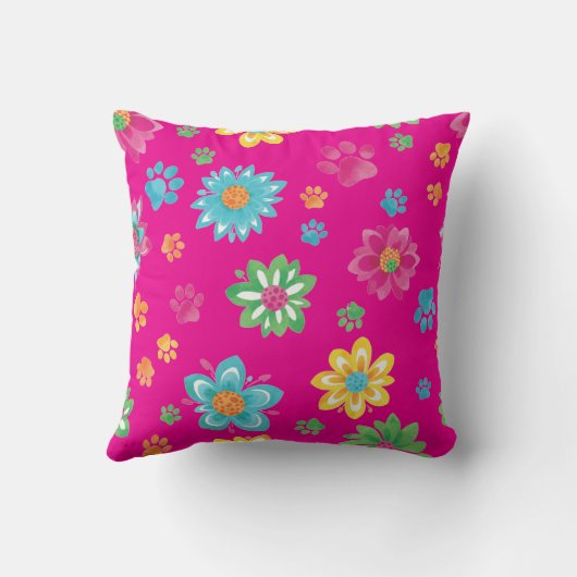 Colorful Flowers & Paw Prints Pillow クッション (裏面)