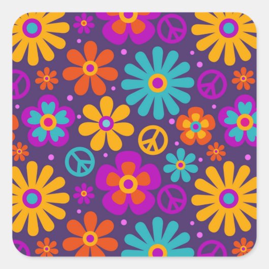 Colorful Flowers Peace Love Groovy Retro Hippie スクエアシール (正面)