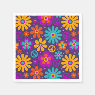 Colorful Flowers Peace Love Groovy Retro Hippie スタンダードカクテルナプキン