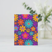 Colorful Flowers Peace Love Groovy Retro Hippie ポストカード (スタンド正面)