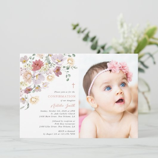 Colorful Flowers, Wildflowers, Boho, Confirmation 招待状 (スタンド正面)