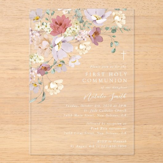 Colorful Flowers, Wildflowers, First Communion アクリル招待状 (正面)