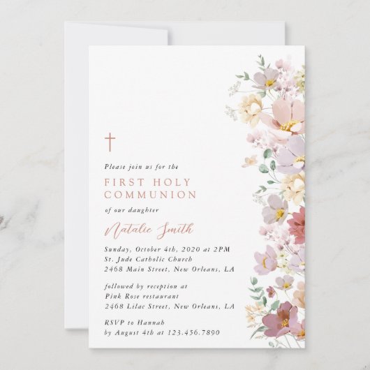 Colorful Flowers, Wildflowers, First Communion 招待状 (正面)