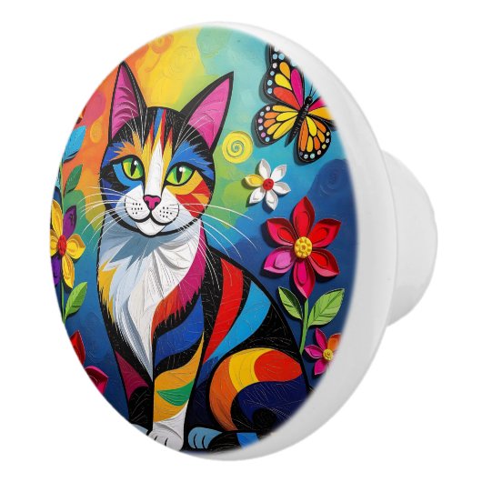 Colorful Folk Art Cat   セラミックノブ (右)