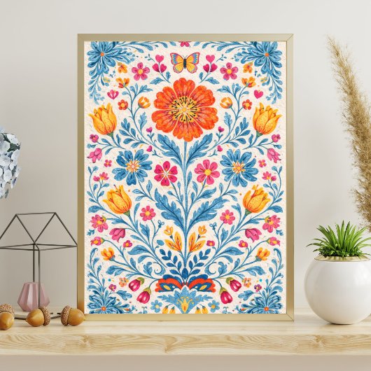 Colorful Folk Floral Pattern with Butterfly ポスター