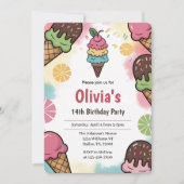 Colorful Fun Girls Ice Cream Birthday Party 招待状 (正面)