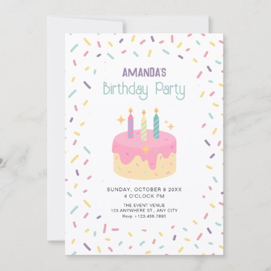 Colorful Fun playful birthday cake 招待状 (正面)