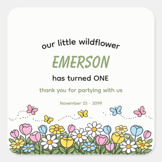 Colorful Funny Little Wildflower 1st Birthday スクエアシール (正面)