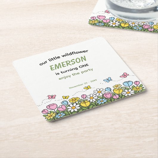 Colorful Funny Little Wildflower 1st Birthday スクエアペーパーコースター (アングル)