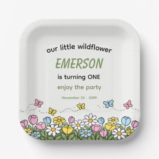 Colorful Funny Little Wildflower 1st Birthday  ペーパープレート (正面)