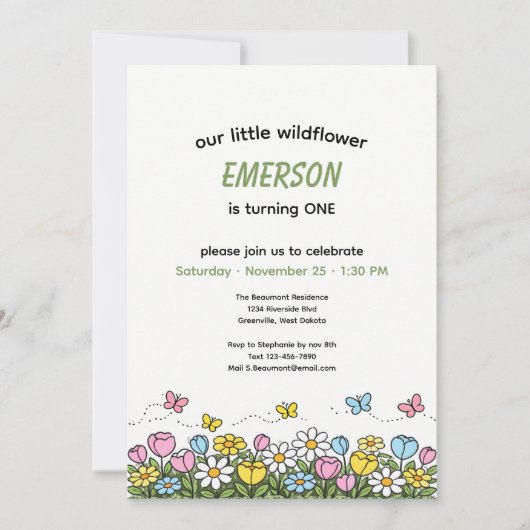 Colorful Funny Little Wildflower 1st Birthday  招待状 (正面)