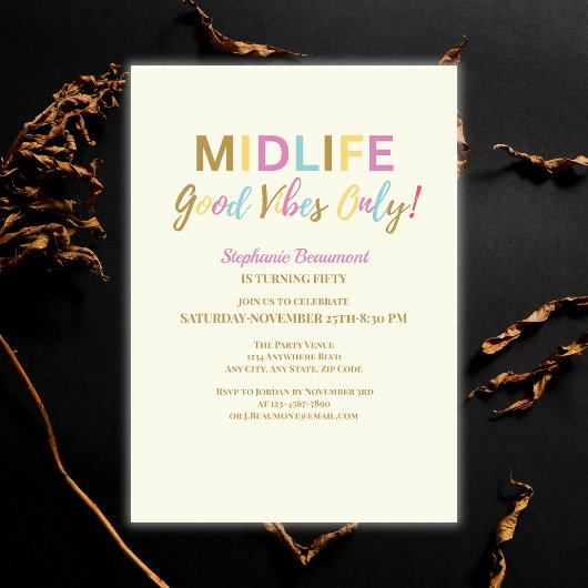 Colorful Funny Midlife Good Vibes 50th Birthday 招待状
