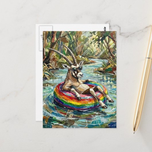 Colorful Funny Oryx on a Float Trip ポストカード (正面/裏面インサイチュ)