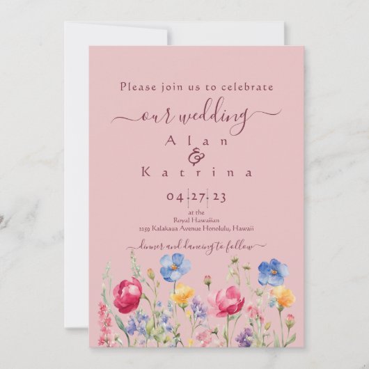 Colorful Garden Boho Wildflower On Pink 招待状 (正面)