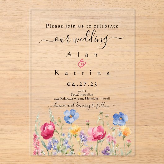 Colorful Garden Boho Wildflower Wedding Invitation アクリル招待状 (正面)