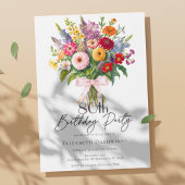 Colorful Garden Flowers Bouquet Pink Bow Birthday 招待状