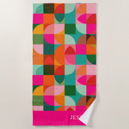 Colorful Geometric Pattern Retro Mid Century Name  ビーチタオル