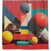 Colorful Geometric Shapes on Red Background シャワーカーテン (正面)
