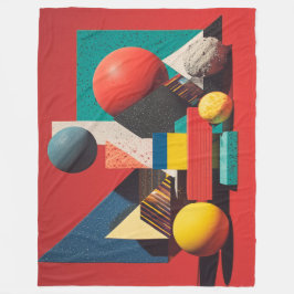 Colorful Geometric Shapes on Red Background フリースブランケット