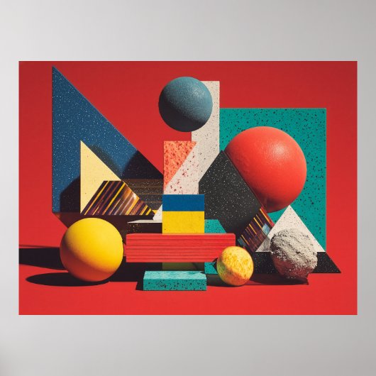 Colorful Geometric Shapes on Red Background ポスター (正面)