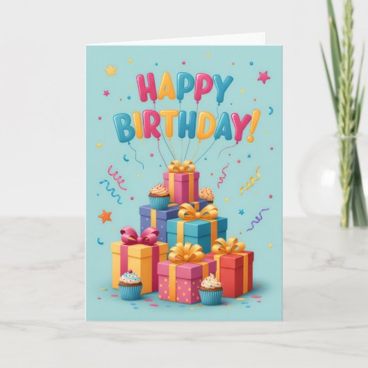 Colorful Gift Stack Birthday Card – Fun & Festive  カード (正面)