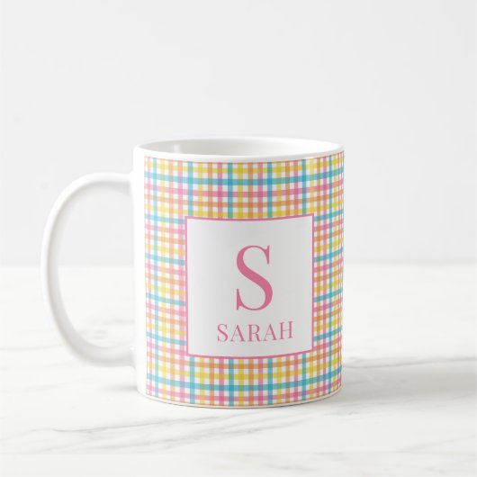 Colorful Gingham Check Custom Name Initial Mug コーヒーマグカップ (左)