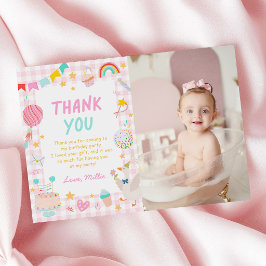 Colorful Gingham Girl 1st Birthday Photo サンキューカード