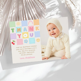 Colorful Gingham Girl 1st Birthday Photo サンキューカード