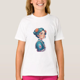 Colorful Girl Portrait with Flowers  Tシャツ