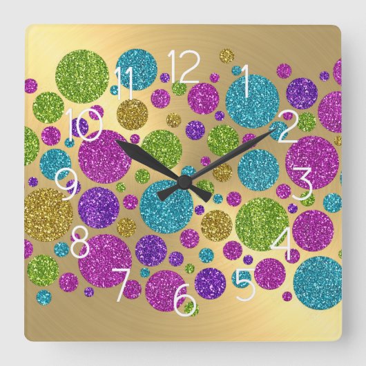 Colorful Glitter Dots Gold Acrylic Wall Clock スクエア壁時計 (正面)
