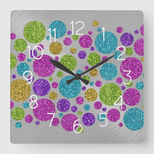 Colorful Glitter Dots Silver Acrylic Wall Clock スクエア壁時計 (正面)