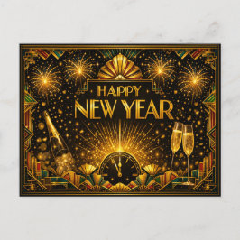 Colorful Gold Art Deco Happy New Year シーズンポストカード