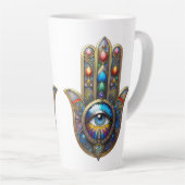 Colorful Gold w/ Blue Speckle Third Eye Hamsa カフェラテマグ (右アングル)