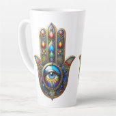 Colorful Gold w/ Blue Speckle Third Eye Hamsa カフェラテマグ (左アングル)