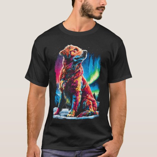Colorful Golden Retriever Dog Aurora Borealis Tシャツ (正面)