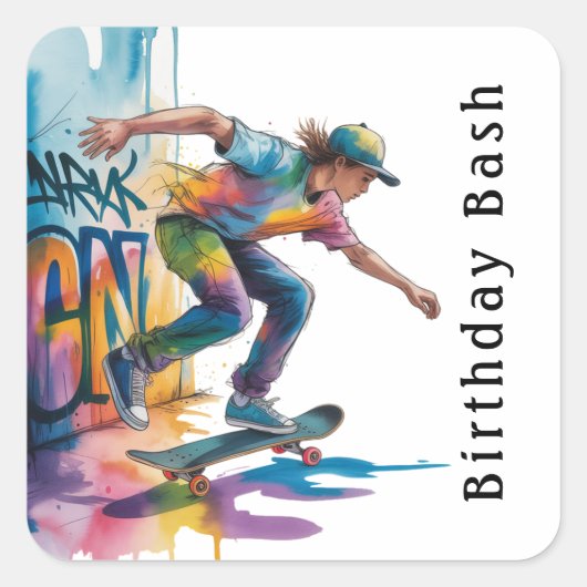 Colorful Graffiti Boy Birthday Bash スクエアシール (正面)