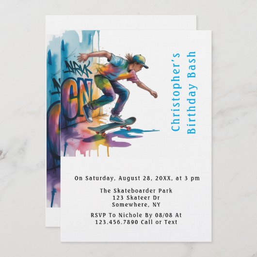 Colorful Graffiti Skateboarder Birthday Bash  招待状 (正面/裏面)
