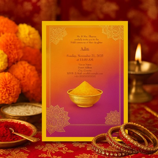 Colorful Haldi gold Mandala & Turmeric Bowl Hindu  招待状