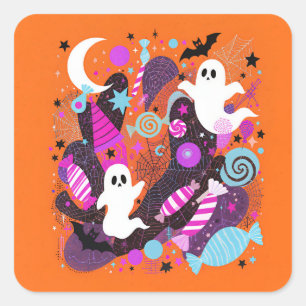 Colorful Halloween Ghosts and Candy スクエアシール