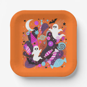 Colorful Halloween Ghosts and Candy ペーパープレート