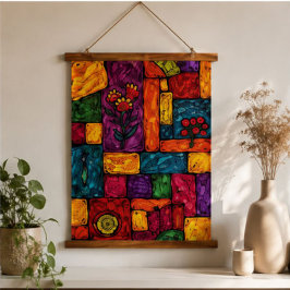 Colorful Hand Painted Floral Geometric Abstract 吊り下げ型タペストリー