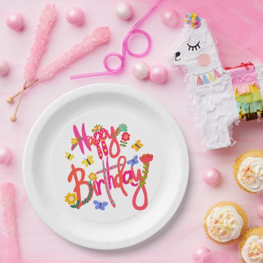 Colorful Happy Birthday Floral & Butterfly Party ペーパープレート (パーティー)