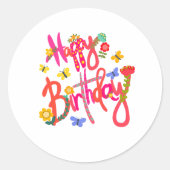 Colorful Happy Birthday Floral & Butterfly Party ラウンドシール (正面)