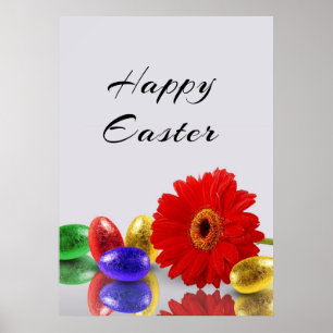 Colorful Happy Easter Eggs with Gerbera ポスター