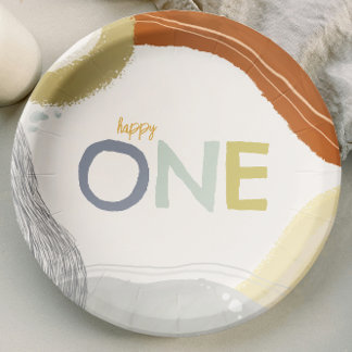 Colorful Happy One First Birthday boy Paper Plate ペーパープレート