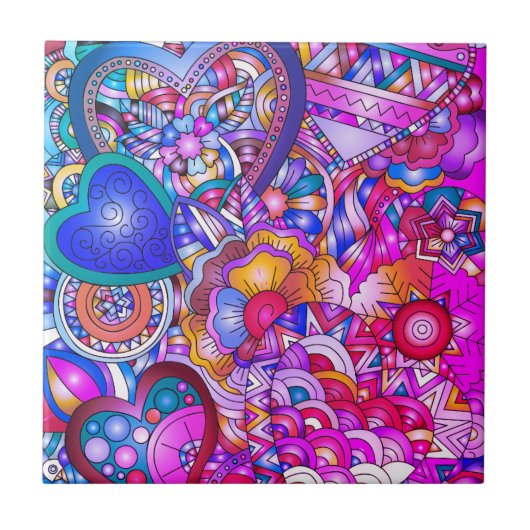 Colorful Hearts and Flowers Abstract Art タイル (正面)