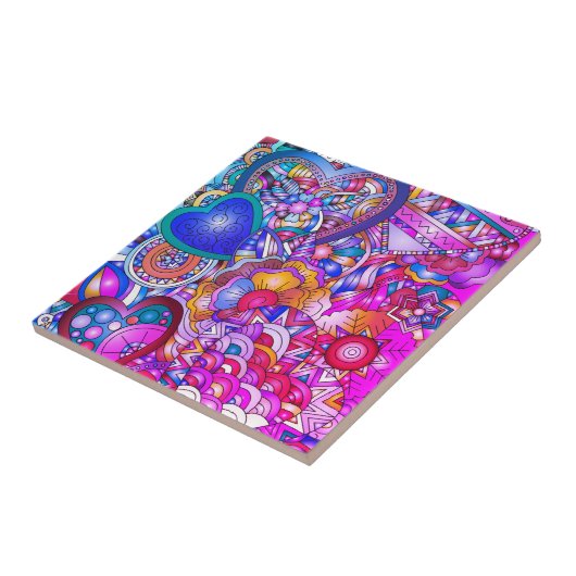 Colorful Hearts and Flowers Abstract Art タイル (側面)